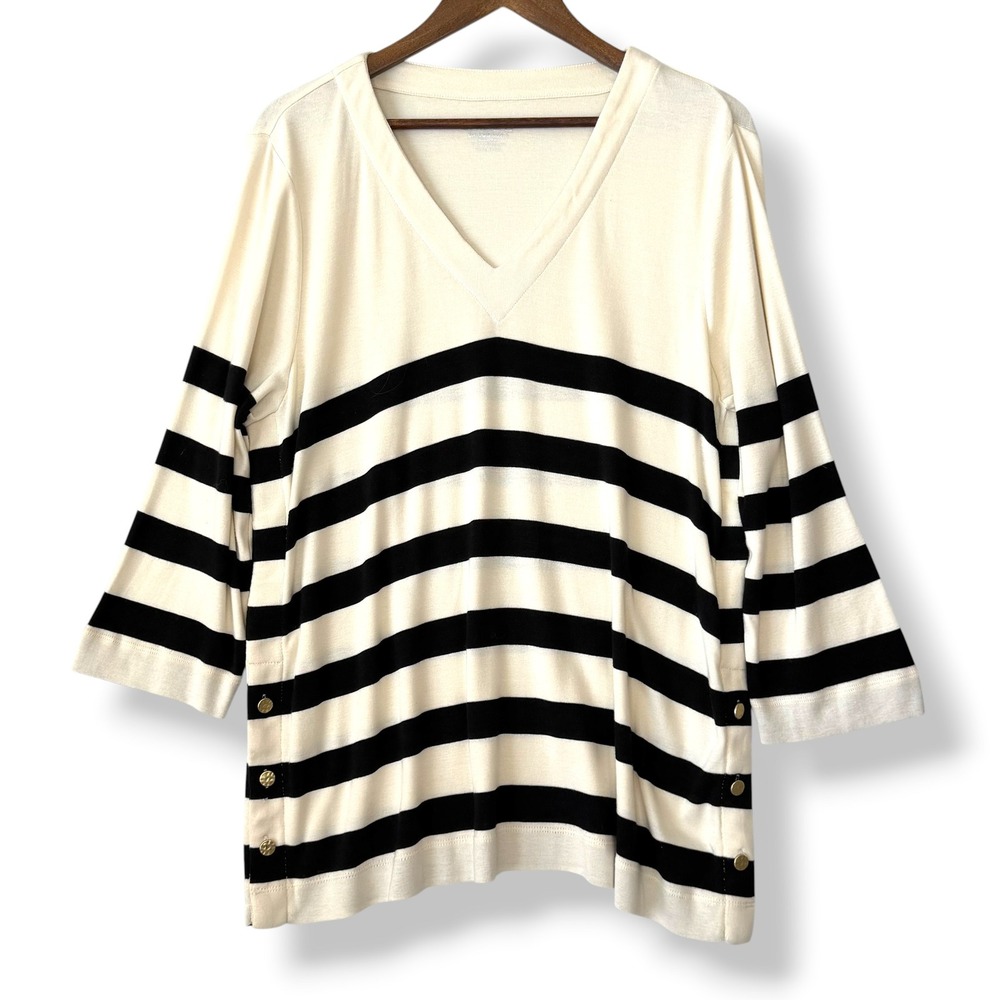 Chico's Striped V-Neck Tunic Top XL Ivory Black Gold Button Hem 100% Pima Cotton